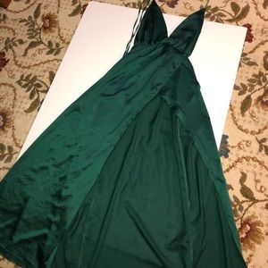 Long green silky formal dress
